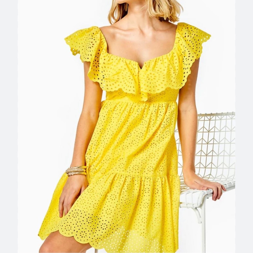 Lilly Pulitzer Asteria Eyelet Babydoll Dress in Resort Yellow - Size 4